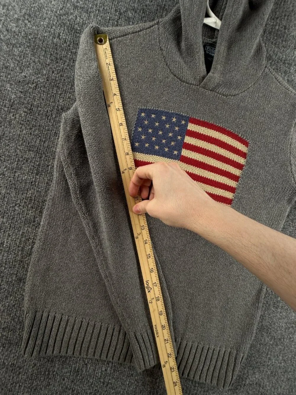 Polo Ralph Lauren USA Flag Hooded Sweater Graphic Large 14-16 Gray Preppy Boys
